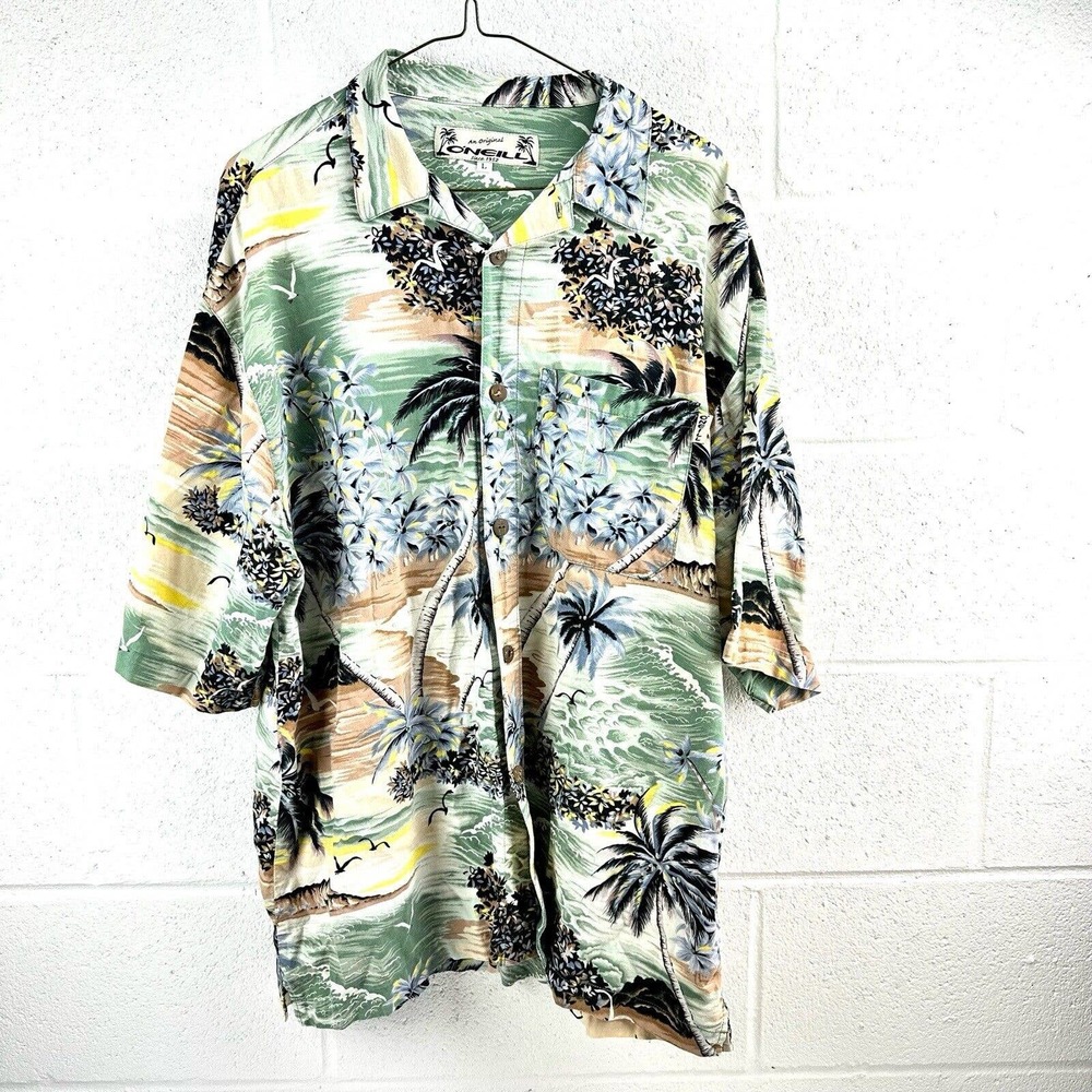 VTG O'Neill Button Front Shirt Mens Sz L Hawaiian Island Short Sleeve Beach USA